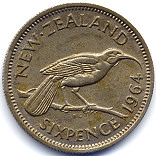 ニュージーランド旧６ペンス硬貨裏